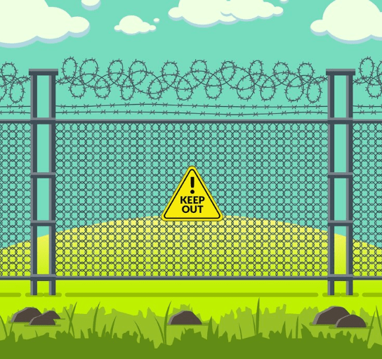 A wire fence with ' KEEP OUT' sign