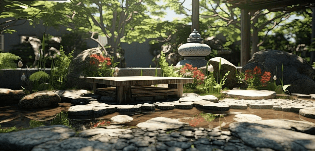 A tranquil garden with a calming Zen rock garden