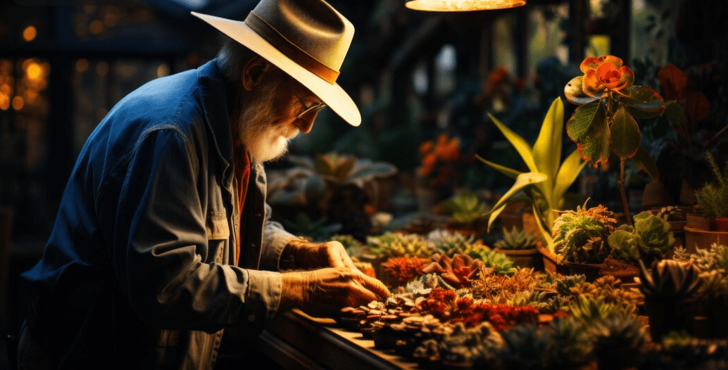 An old man in hat on a greenhouse Amidst a verdant oasis a man in a stylish hat 