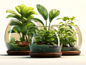 group of terrariums with different plants 