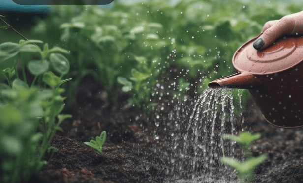 A woman hand pouring water on a fresh green seedling