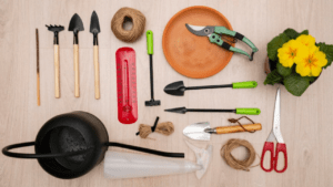 Top view gardening tools