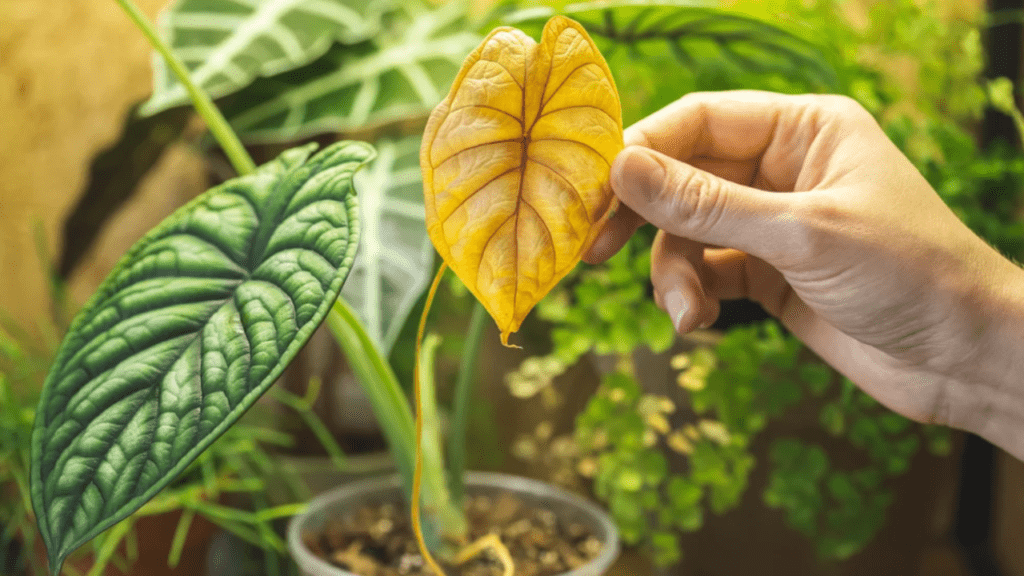 Alocasia leaves turning yellow, a hand holding that yellowing leaf among green houseplants.