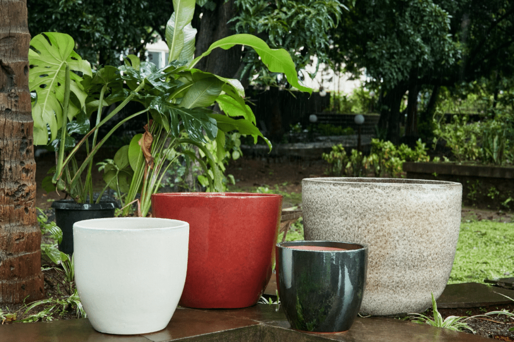 Various sized ceramic pots on a wet surface with lush greenery in the background.