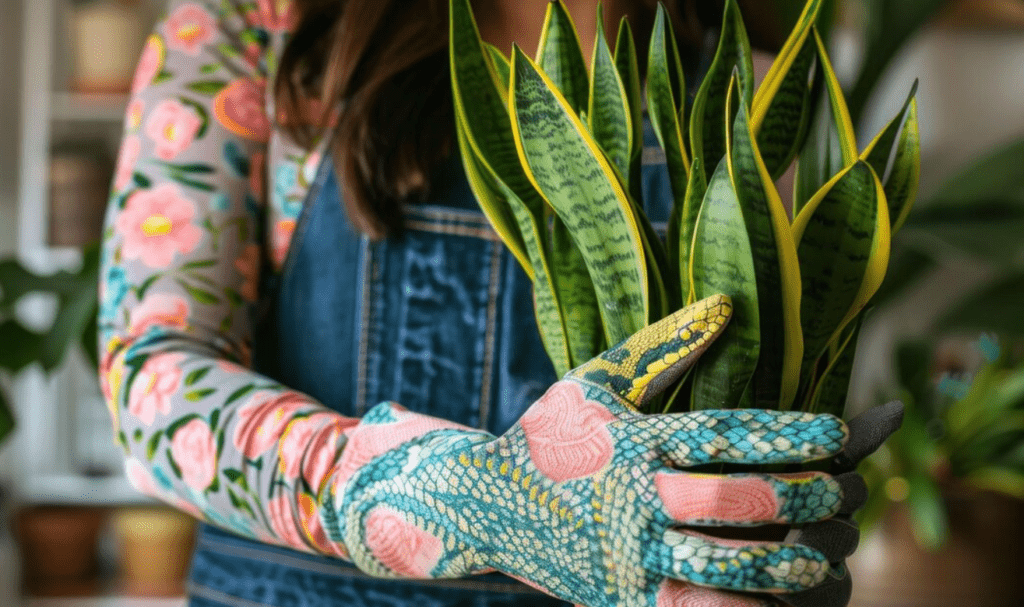 A woman in a floral long-sleeved top and denim overalls holds a potted snake plant, wearing colorful gardening gloves.