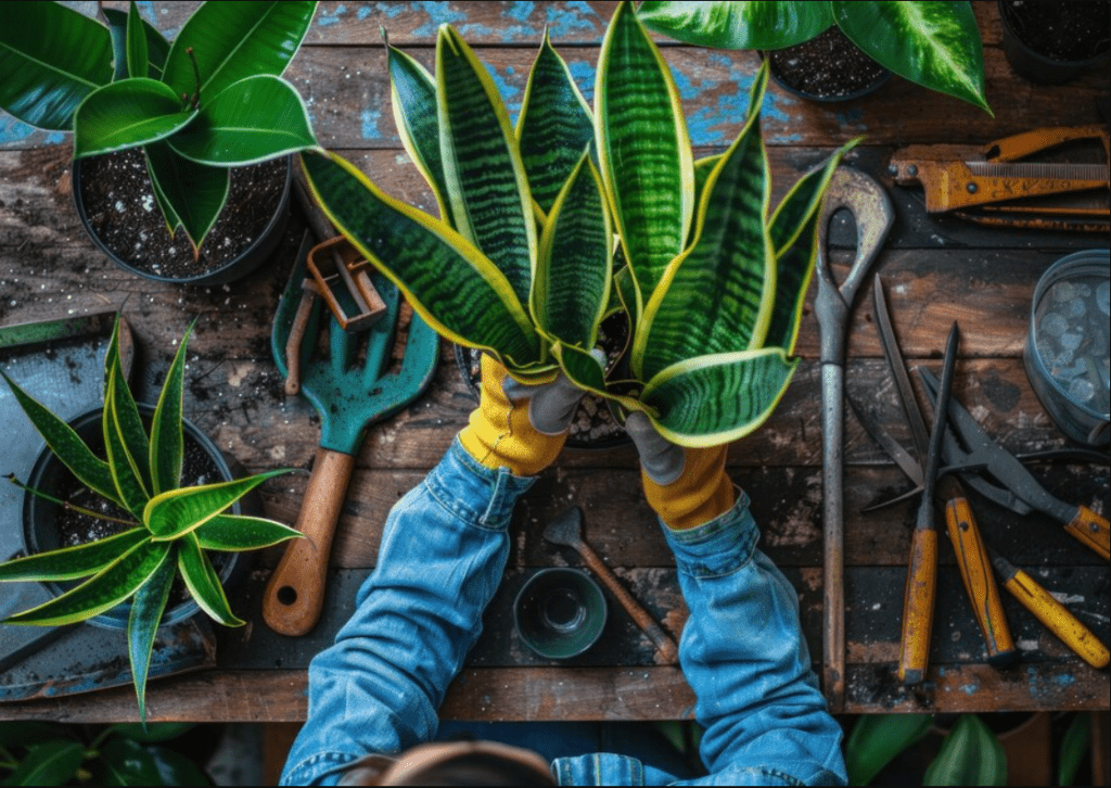 Overhead view of hands in yellow gloves planting a snake plant in a pot surrounded by various gardening tools and other potted plants on a rustic wooden table.