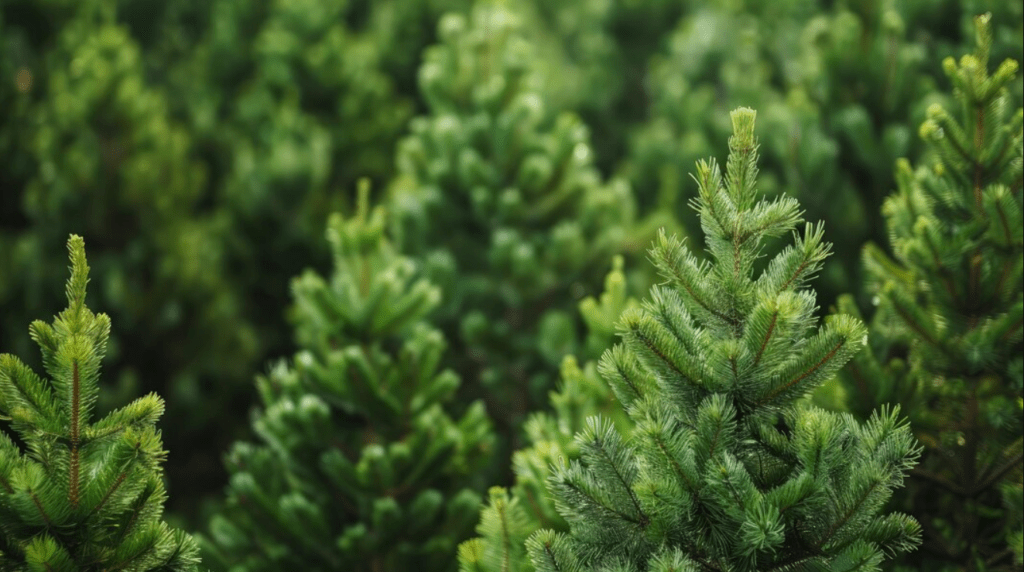 A close-up view of a cluster of vibrant green trees, showcasing their lush foliage and intricate textures.