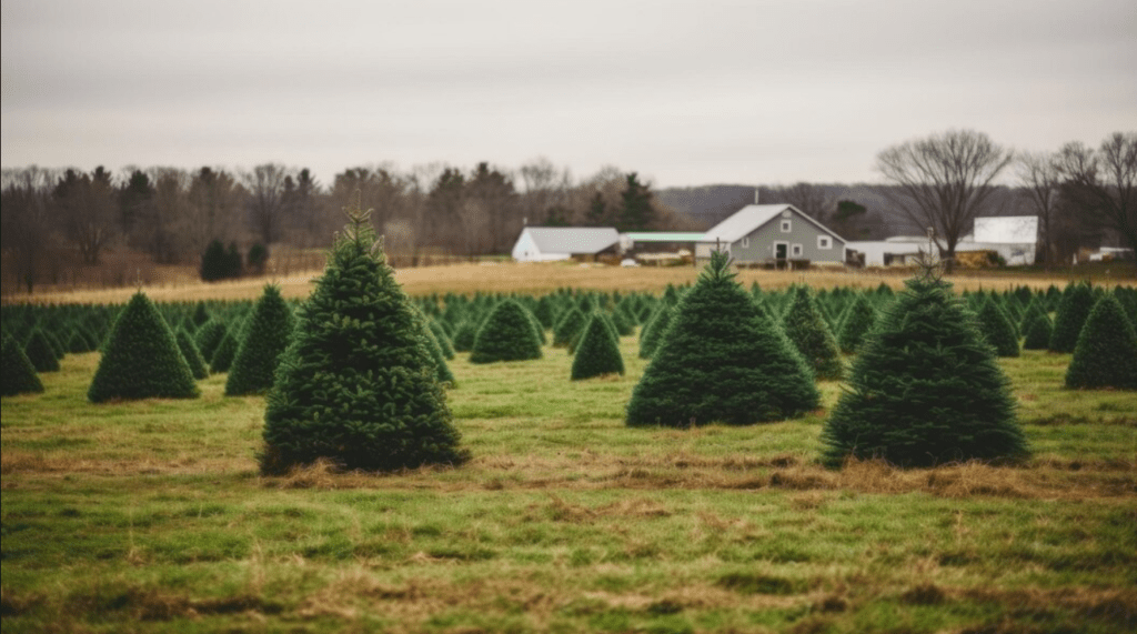 A picturesque farm field filled with numerous Christmas trees, showcasing a vibrant green landscape during the holiday season.