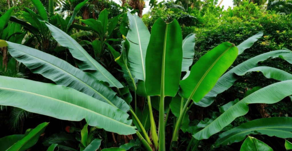 A large green plant with numerous leaves thriving in a lush jungle environment, showcasing vibrant foliage.