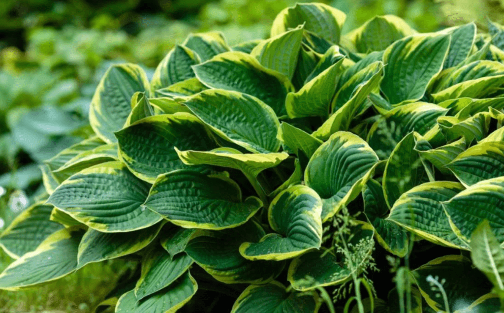 A vibrant golden hosta plant with lush, broad leaves showcasing a striking yellow hue in a garden setting.