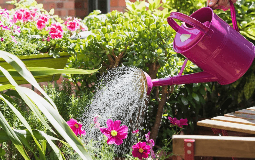 A person watering vibrant flowers with a pink watering can in a sunny garden.