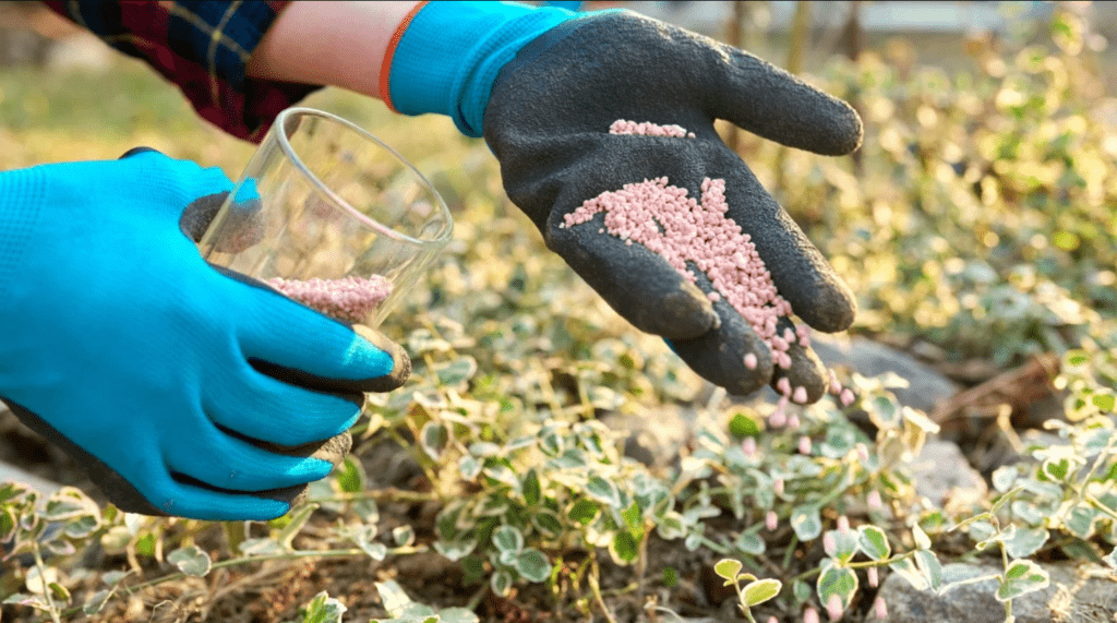 Hands in gloves pouring pink fertilizer granules onto palm in a garden.