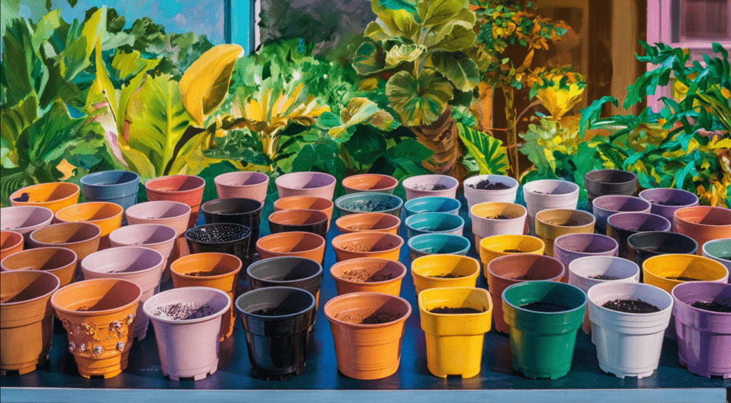 Rows of colorful empty flowerpots in front of a vibrant plant painting.