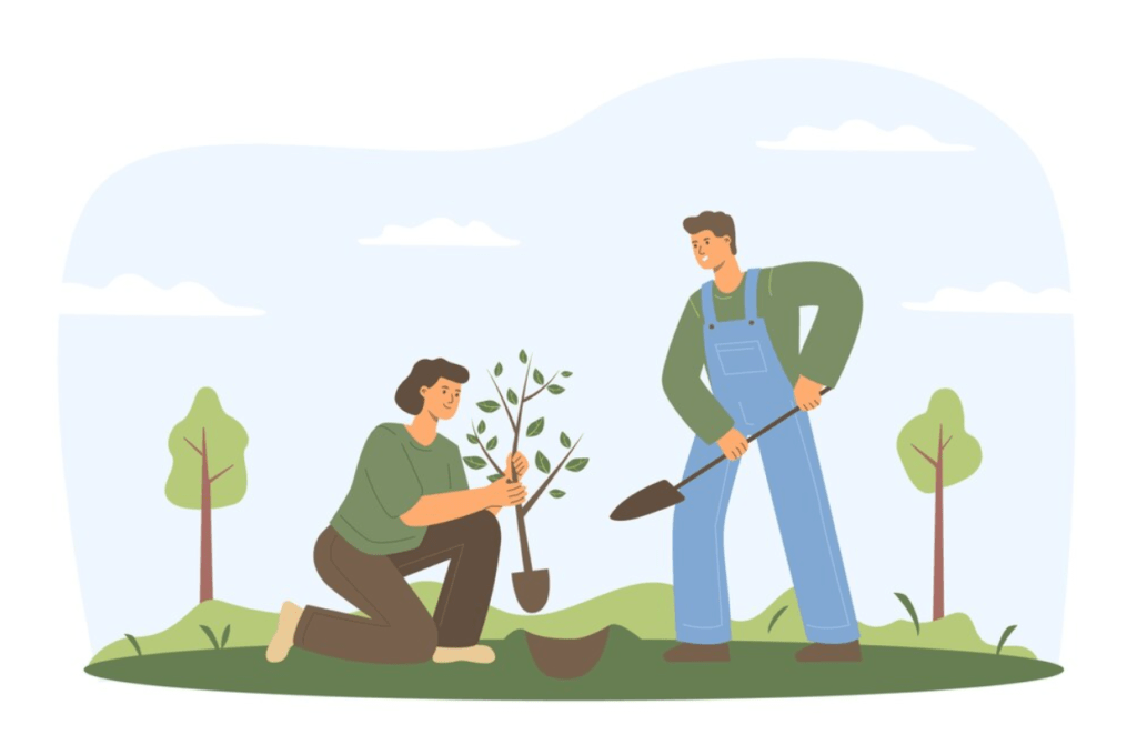 Two people planting a tree outdoors with shovels in hand.