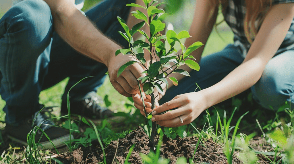 Two people planting a young tree in the soil, focusing on hands and plant.