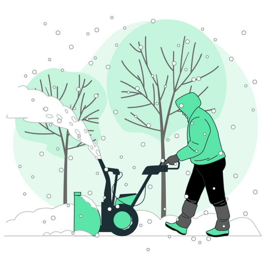 Person using a snowblower in a snowy landscape with bare trees.