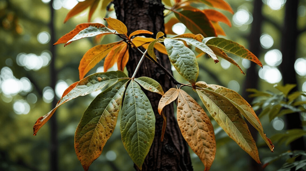 Branch with green and orange leaves against a blurred forest backdrop.