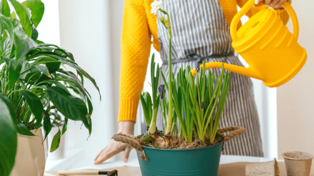 Person in yellow sweater watering green potted plants with a yellow watering can.