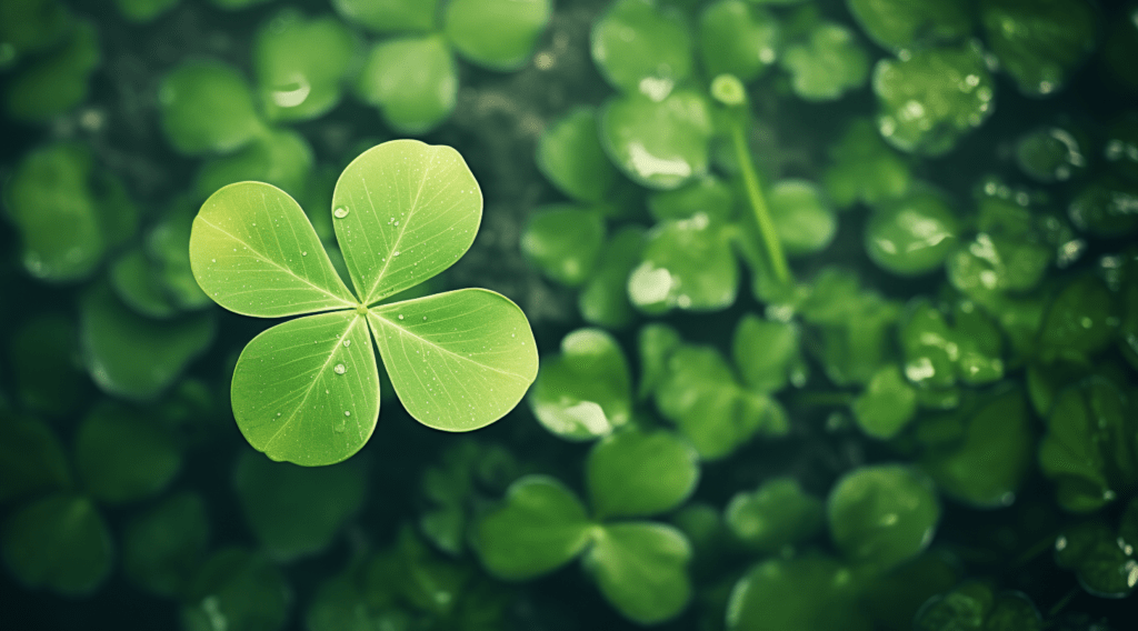 A four-leaf clover stands out among green three-leaf clovers, with water droplets visible on its leaves.