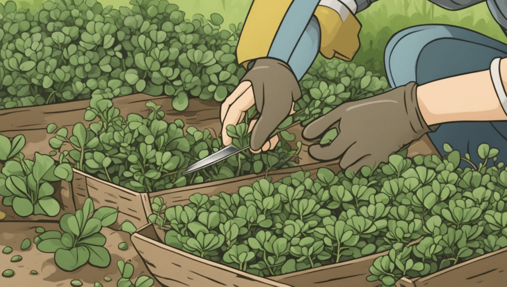 Hands with gloves trimming green plants in a wooden raised garden bed.