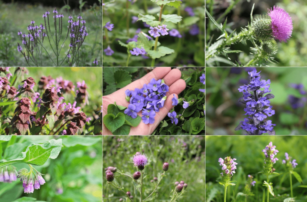 Collage of various purple wildflowers and plants in natural settings.