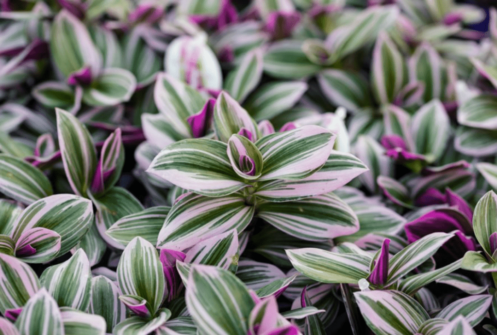 a bunch of purple and white flowers with green leaves