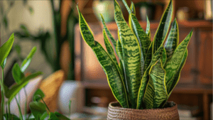 A healthy snake plant in a stylish pot, positioned on a table, highlighting its striking foliage and modern decor.