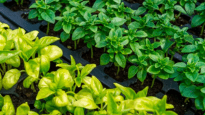 Trays of green and yellow basil seedlings growing in a garden nursery. basil leaves turning yellow