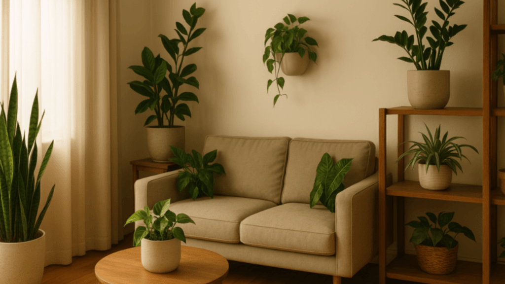A cozy living room featuring a beige sofa surrounded by various potted plants and wooden furniture, illuminated by natural light.