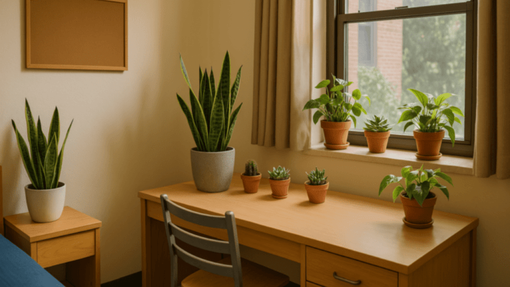 A cozy room with a wooden desk and chair, adorned with various potted plants beside a window dressed with light curtains.