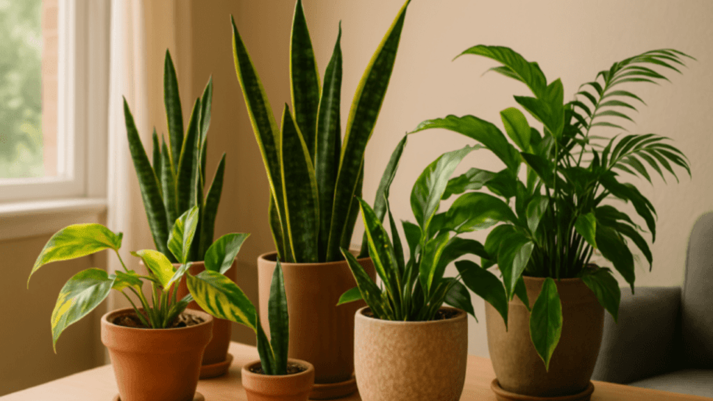 A collection of five lush indoor plants in decorative pots on a wooden table, with sunlight streaming through a nearby window.