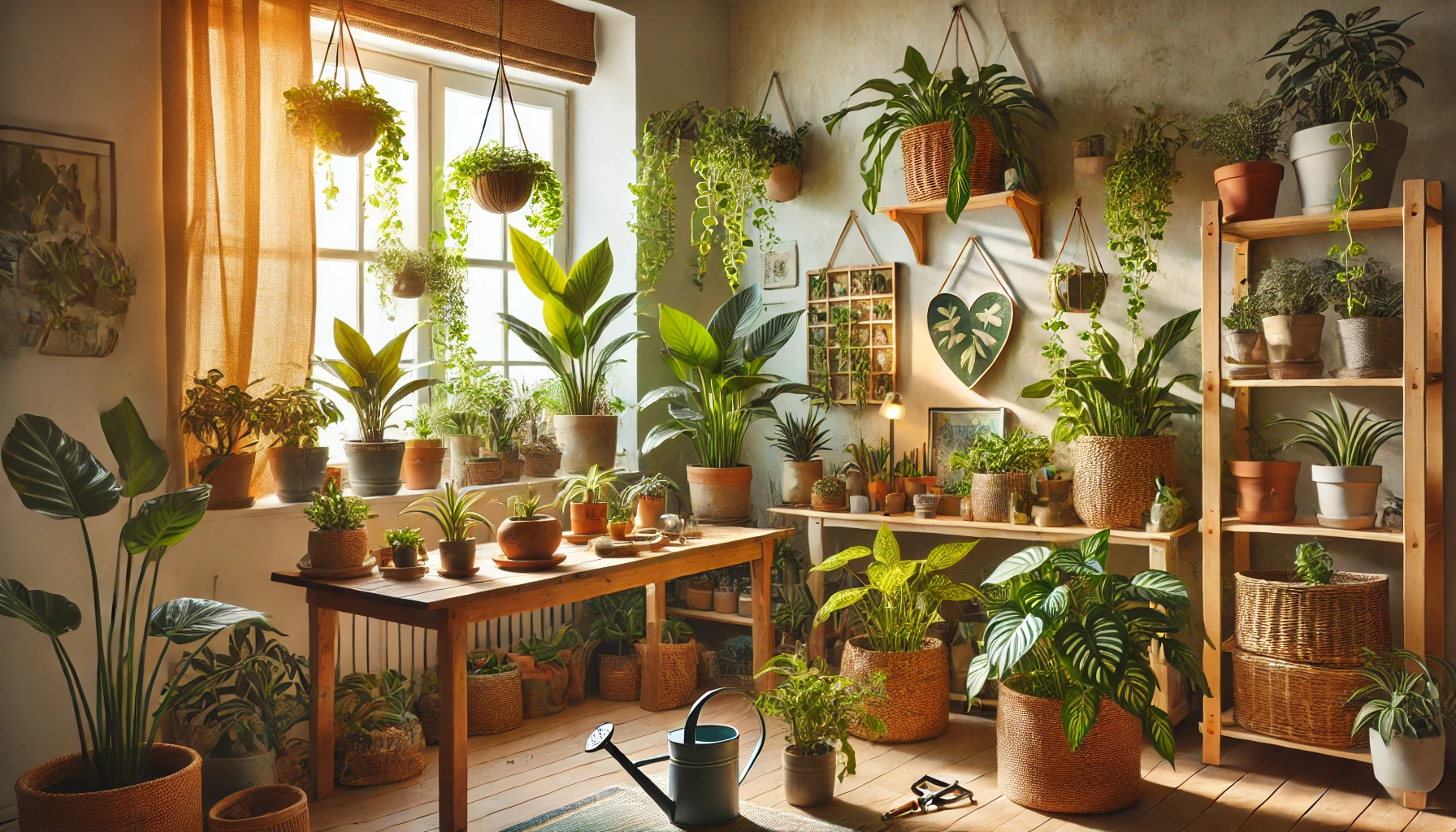 Indoor Plants Guide: A cozy space with lush houseplants like pothos, snake plants, and peace lilies, bathed in natural light.