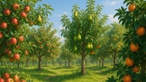 A vibrant orchard featuring apple, pear, and orange trees under a clear blue sky, surrounded by lush green grass.