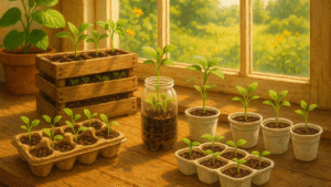 A cozy indoor setting with various seedlings in pots, trays, and a jar, illuminated by sunlight through a window.