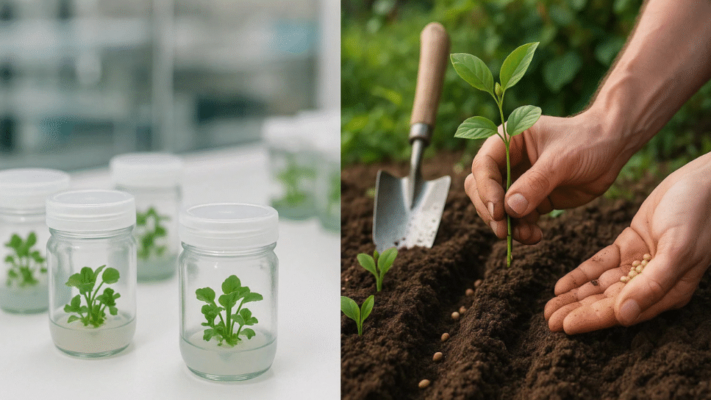 Image split: On the left, glass jars with young sprouts; on the right, a hand planting a seedling in freshly tilled soil.