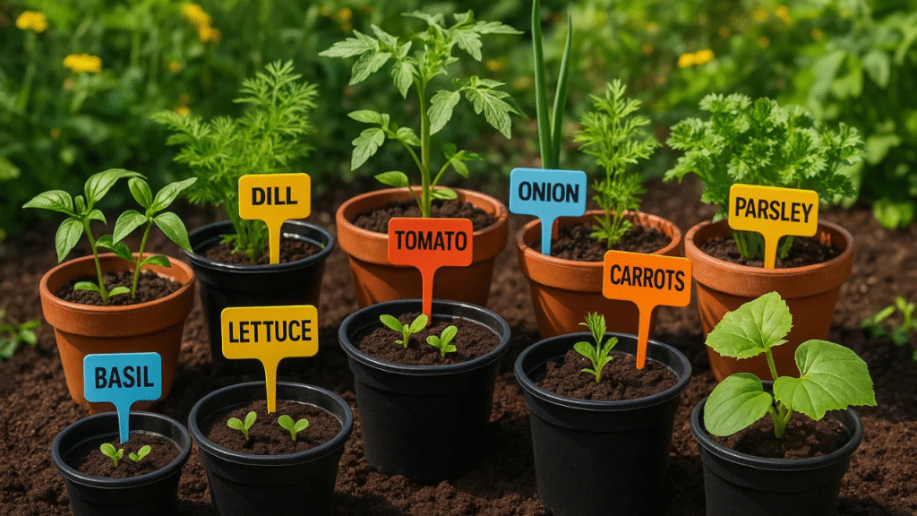 A vibrant garden scene featuring potted seedlings labeled with herbs and vegetables like basil, dill, tomato, and lettuce.