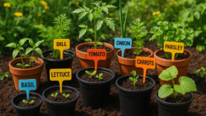 A vibrant garden scene featuring potted seedlings labeled with herbs and vegetables like basil, dill, tomato, and lettuce.