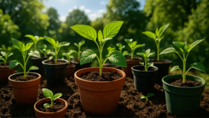 A sunlit garden scene with various potted young plants, showcasing vibrant green leaves and rich soil in a tranquil outdoor setting.
