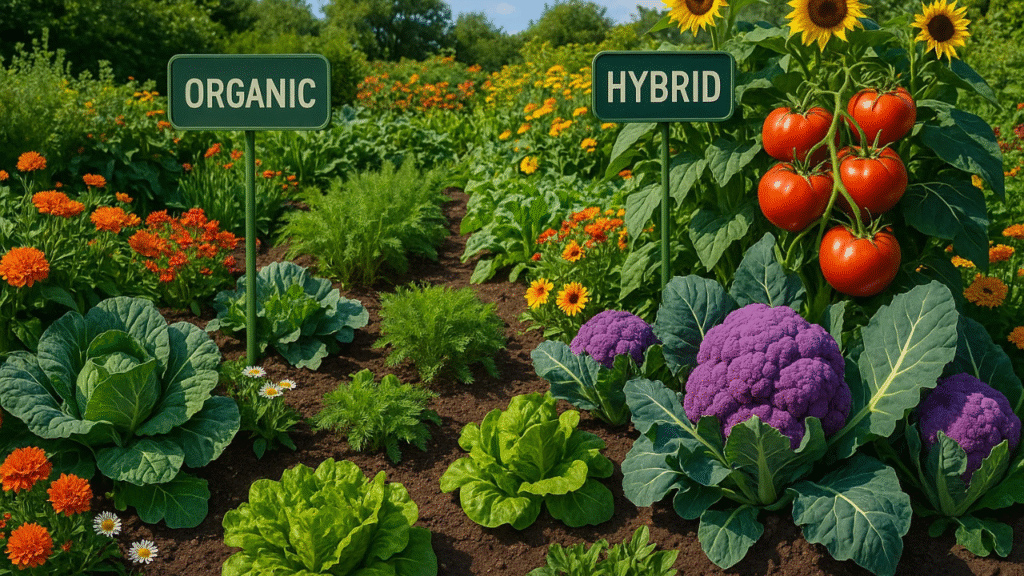 A vibrant garden scene with signs for "Organic" and "Hybrid," showcasing colorful vegetables and flowers, including ripe tomatoes and purple cauliflower.