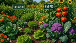 A vibrant garden scene with signs for "Organic" and "Hybrid," showcasing colorful vegetables and flowers, including ripe tomatoes and purple cauliflower.