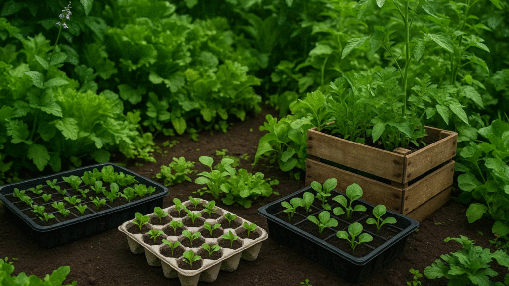 Seedlings in trays and a wooden crate surrounded by lush green plants in a rich, dark soil garden setting.