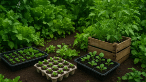 Seedlings in trays and a wooden crate surrounded by lush green plants in a rich, dark soil garden setting.