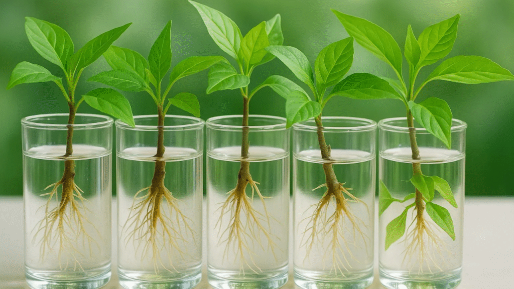 Five glass vases filled with water, each containing small green plants with visible roots, set against a blurred green background.