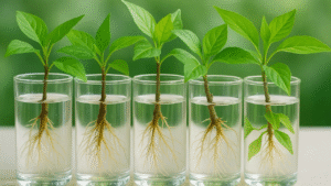 Five glass vases filled with water, each containing small green plants with visible roots, set against a blurred green background.