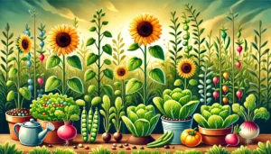 A vibrant garden scene featuring sunflowers, various vegetables, and pots of greenery against a bright sky, evoking nature's bounty.
