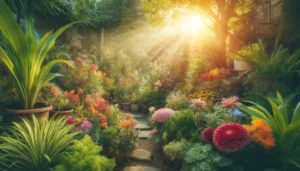 A vibrant garden filled with colorful flowers and lush greenery, illuminated by the warm rays of sunlight filtering through the trees.