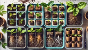 An overhead view of various seedling trays with green plants, showcasing vibrant leaves and visible roots in rich soil.