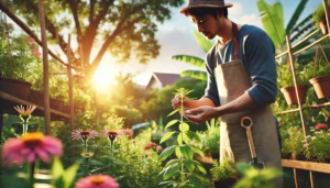 A person in an apron tends to vibrant flowers in a sunlit garden, with lush greenery and hanging pots in the background.