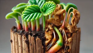 A close-up of a split plant revealing vibrant green leaves on one side and dry, decaying roots on the other, set in textured wood.