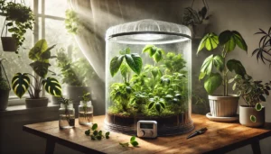 A mini greenhouse with lush green plants, surrounded by jars of water and pots, illuminated by soft sunlight filtering through a window.